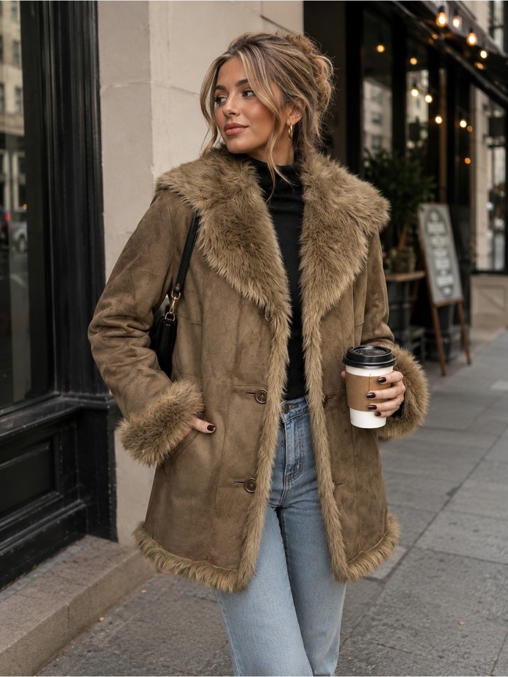 Anne Klein vintage faux fur lined faux suede penny lane style coat size medium